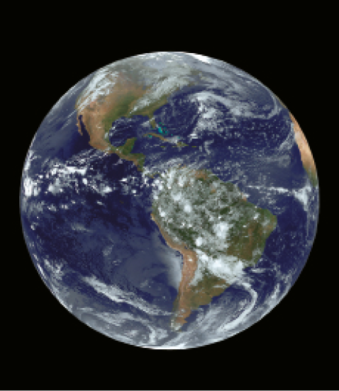 Fotografia. Planeta Terra. É redondo, predominantemente azul, com nuvens brancas e trechos de terra com vegetação, em verde. Estão em evidência a América do Sul, a América Central e a América do Norte.