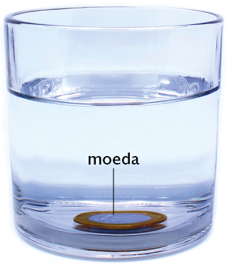 Fotografia. Um copo transparente contendo água e uma moeda no fundo.