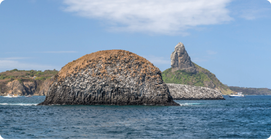 Fotografia de uma rocha grande com formato arredondado envolta por água, e ao fundo, parte de uma ilha.