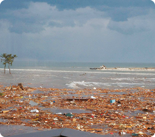 Fotografia de uma praia com o oceano ao fundo. Na areia há muitos entulhos acumulados.