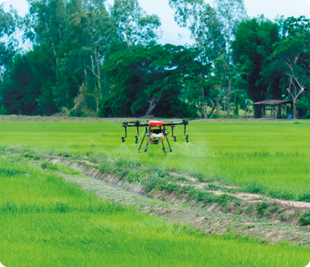 Fotografia de um drone sobrevoando uma área de vegetação há alguns metros do chão. O equipamento possui quatro hastes verticais de onde estão saindo sprays em direção à vegetação.