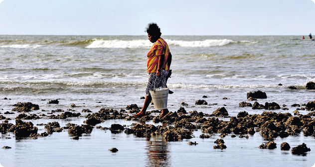 Fotografia. Uma mulher caminhando na praia com um balde na mão. Ao redor, há várias pedras. Ao fundo, o mar,  onde duas pessoas estão em um barco.