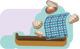 Ilustração. Um barco, com uma rede de pesca e ostras acima.