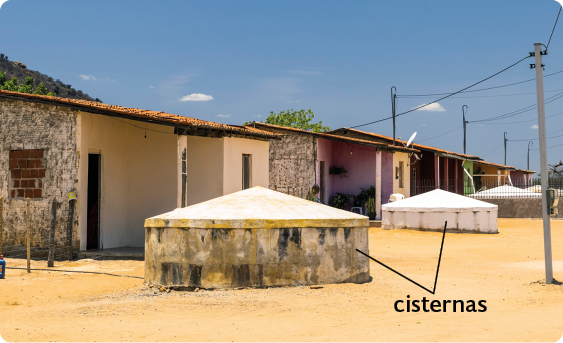 Fotografia de um local aberto. À frente, no chão, destaque para as cisternas, reservatórios redondos de alvenaria fechados com tampas E atrás, casas. 