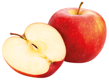 Fotografia de duas maçãs vermelhas, uma cortada pela metade e a outra inteira.