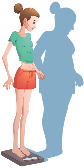 Ilustração de uma mulher sobre uma balança. Ela veste uma camiseta e um shorts; os braços e pernas são longos e finos, os ossos do abdome estão aparentes; ela está olhando para o lado, em direção a sua sombra, que tem o formato do seu corpo, com pernas e braços mais grossos e região do abdome maior. 