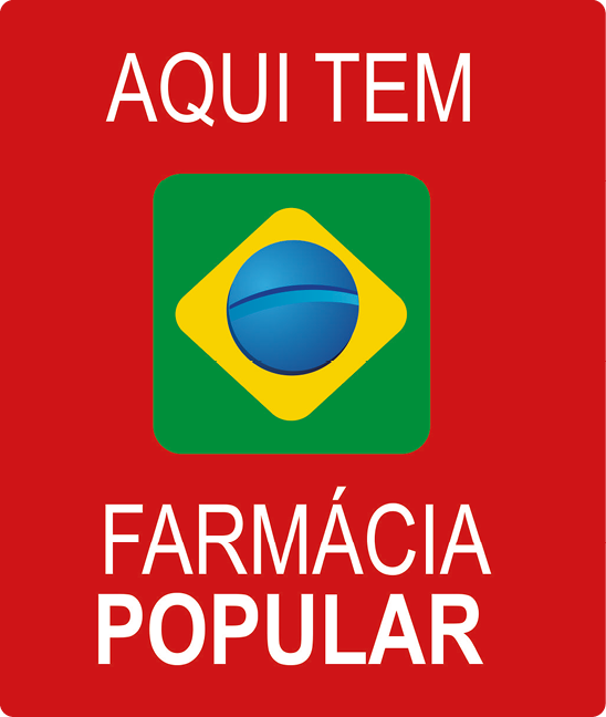 Selo representado por um retângulo vermelho com as seguintes informações: Aqui tem Farmácia Popular. No meio do selo há uma ilustração da bandeira do Brasil.