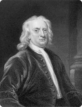 Gravura em preto e branco do cientista Isaac Newton. Ele está representado da cintura para cima e seu rosto está levemente virado para a direita. Ele tem cabelos compridos que chegam até o ombro e está vestindo um casaco escuro, aberto, e um lenço claro enrolado no pescoço.
