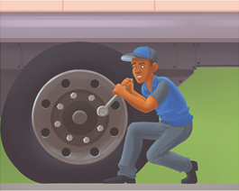 Ilustração. Um homem agachado segurando com as duas mãos uma chave de roda em forma de haste. A chave está sobre um dos parafusos da roda e o homem está realizando muita força. O pneu está murcho.