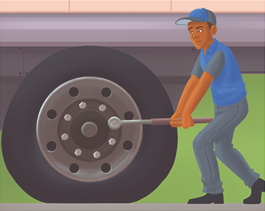 Ilustração. Um homem de pé segurando um cano de ferro com as duas mãos, que foi colocado sobre a chave de roda, prolongando o comprimento do braço da chave de roda. A chave está sobre o mesmo parafuso da roda. O pneu está murcho.