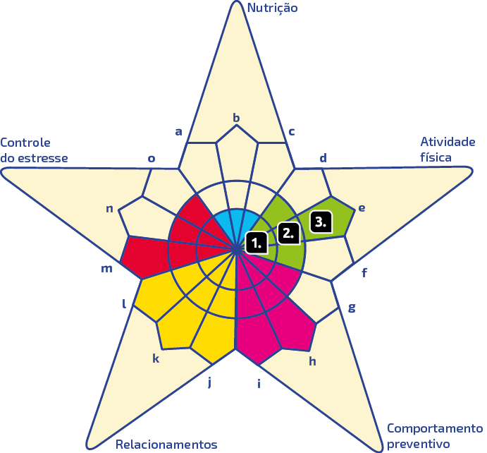 Ilustração. Um pentáculo do bem-estar. É composto por uma estrela de cinco pontas. Em cada ponta, há uma palavra e três letras, em que cada letra corresponde a uma parte da figura interna, em cada um dos 3 níveis. Na palavra nutrição, no primeiro nível as letra a, b e c estão preenchidas na cor azul; o segundo e terceiro níveis não estão preenchidos. Nas palavras atividade física, no primeiro e segundo níveis as letra d, e e d estão preenchidas na cor verde; o terceiro nível a letra e está preenchida na cor verde. Nas palavras comportamento preventivo, no primeiro e segundo níveis as letra g, h e i estão preenchidas na cor rosa; o terceiro nível as letras h e i estão preenchidas na cor rosa. Na palavra relacionamentos, nos três níveis as letras j, k e l estão preenchidas na cor amarela. Nas palavras controle de estresse, no primeiro e segundo níveis as letra m, n e o estão preenchidas na cor vermelha; o terceiro nível a letra m está preenchida na cor vermelha.