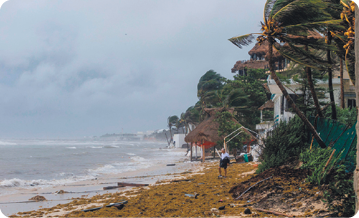 Fotografia. Vista de uma praia com o céu nublado. Do lado esquerdo está o mar, com algumas ondas, no meio está a areia, com uma pessoa em pé, e do lado direito há casas e várias árvores com galhos contorcidos para a direita, assim como suas folhas.