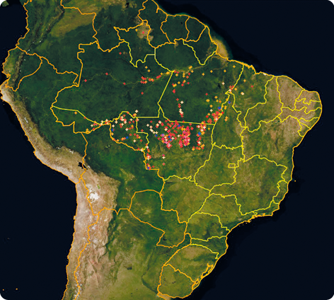 Fotografia de satélite de parte da América do Sul, com a representação das linhas que indicam os limites geográficos entre os estados brasileiros e os países da América do Sul. Há símbolos coloridos principalmente sobre os estados do Mato Grosso, Amazonas, Rondônia e Pará.
