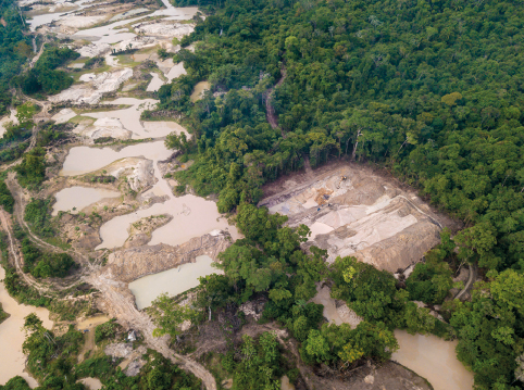 Fotografia aérea de uma floresta com porções de área desmatada, solo à mostra e partes delas alagadas com água barrenta.