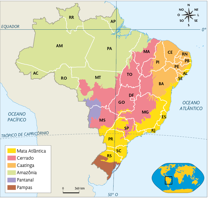 Mapa do Brasil. Ele apresenta os biomas brasileiros em cada estado do Brasil. Mata Atlântica nas seguintes regiões: pequena porção leste do Rio Grande do Norte; pequena porção leste da Paraíba; pequena porção leste de Pernambuco; pequena porção leste de Alagoas; grande porção leste de Sergipe; leste e sul da Bahia; todo o estado do Espírito Santo; todo o estado do Rio de Janeiro; oeste, leste e sul de Minas Gerais; grande porção oeste e leste de São Paulo; pequena porção sul do Mato Grosso do Sul; grande porção do Paraná; todo o estado de Santa Catarina; grande porção norte e leste do Rio Grande do Sul. Cerrado nas seguintes regiões: grande porção leste e sul do Maranhão; grande porção oeste do Piauí; grande porção de Tocantins; oeste da Bahia; grande porção oeste e norte de Minas Gerais; todo o Distrito Federal; grande porção de Goiás; pequena porção norte e sul de São Paulo; grande porção do Mato Grosso do Sul; grande porção sul do Mato Grosso. Caatinga nas seguintes regiões: grande porção leste do Piauí; todo o estado do Ceará; grande porção do Rio Grande do Norte; grande porção da Paraíba; grande porção de Pernambuco; grande porção oeste de Alagoas; pequena porção sul de Sergipe; grande porção central da Bahia; pequena porção sul de Minas Gerais; Amazônia nas seguintes regiões: todo o estado de Roraima; todo o estado do Amapá; todo o estado do Pará; grande porção oeste do Maranhão; pequena porção sul de Tocantins; grande porção norte e pequena porção sul do Mato Grosso; todo o estado de Rondônia; todo o estado do Acre; todo estado do Amazonas. Pantanal nas seguintes regiões: pequena porção sul do Mato Grosso; grande porção oeste e norte do Mato Grosso do Sul. Pampas nas seguintes regiões: grande porção oeste e sul do Rio Grande do Sul. Na parte superior direita, há um rosa dos ventos; na parte inferior, há uma escala de zero a 360 quilômetros e um mapa do mundo com destaque para a região descrita.