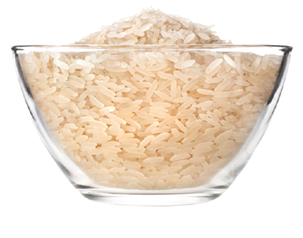 Fotografia de um recipiente de vidro com grãos de arroz.