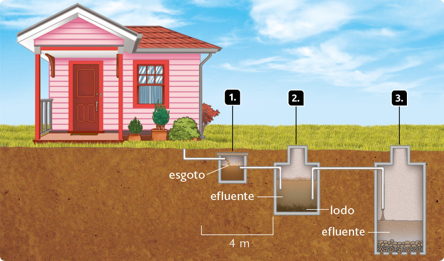 Ilustração de uma casa de madeira sobre um gramado, e, recorte do solo abaixo dela com indicativos. Indicativo1. Cano saindo da casa em direção a uma caixa retangular com tampa, a caixa de inspeção; destaque para o esgoto, líquido amarronzado, saindo do cano e dentro da caixa. Indicativo 2. Cano saindo da caixa de inspeção para a fossa séptica, com formato retangular e parte superior estreita, onde está a tampa de acesso que fica na superfície; dentro, destaque para o efluente, líquido claro amarronzado, e no fundo, para o lodo, material sólido; marcação da distância de 4 metros entre a fossa séptica e a casa. Indicativo 3. Cano saindo da fossa séptica em direção ao sumidouro, de formato maior; no fundo, camadas de pedras e aberturas para o solo; destaque para líquido claro amarronzado, o efluente.