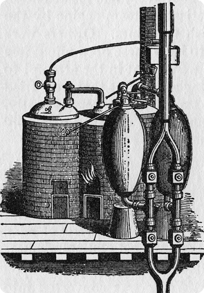 Ilustração de máquina formada por estruturas cilíndricas. Uma delas tem uma chama na parte de baixo e a parte de cima dessas estruturas estão conectadas à tubulações.