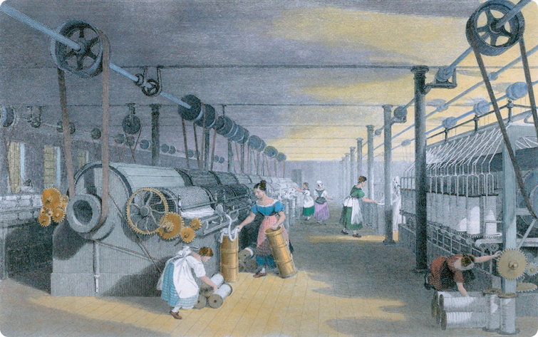 Gravura do interior de uma fábrica, com grandes máquinas com roldanas e engrenagens, e, mulheres, usando vestidos e aventais, mexendo nas máquinas.