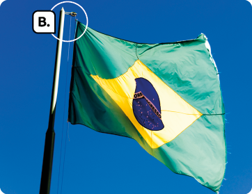 Fotografia. Bandeira do Brasil hasteada em um mastro. Marcado com a letra B há um destaque para a extremidade onde uma corda prende a bandeira ao mastro.