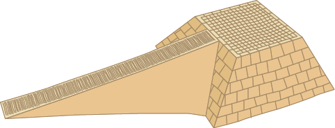 Ilustração. Base de uma pirâmide quadrangular inclinada com seis níveis de altura que se afunilam. Há uma rampa estreita.