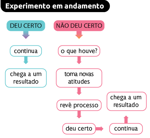 Esquema com título 'Experimento em andamento'. É composto por diversas formas retangulares com informações dentro, interligadas entre si por meio de setas voltadas para baixo e para cima. À direita: DEU CERTO, seta aponta para: continua; seta aponta para: chega a um resultado. À esquerda, NÃO DEU CERTO, seta aponta para: o que houve?; seta aponta para: toma novas atitudes; seta aponta para: revê processo; seta aponta para: deu certo; seta aponta para: continua; seta aponta para: chega a um resultado.