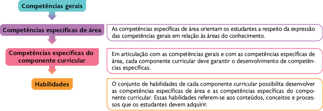 Esquema. À esquerda, retângulos com inscrições no interior e setas apontando para baixo. Competências gerais. Seta aponta para: Competências específicas de área (As competências específicas de área orientam os estudantes a respeito da expressão das competências gerais em relação às áreas do conhecimento). Seta aponta para: Competências específicas do componente curricular (Em articulação com as competências gerais e com as competências específicas de área, cada componente curricular deve garantir o desenvolvimento de competências específicas). Seta aponta para Habilidades (O conjunto de habilidades de cada componente curricular possibilita desenvolver as competências específicas de área e as competências específicas do componente curricular. Essas habilidades referem-se aos conteúdos, conceitos e processos que os estudantes devem adquirir).