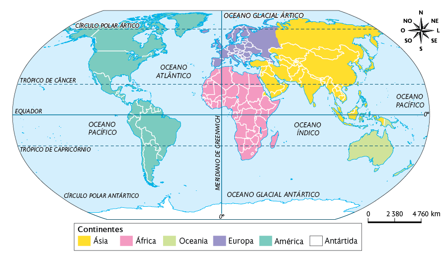 Mapa-múndi. Ele apresenta o planisfério terrestre e seus continentes. De acordo com a legenda, temos os seguintes continentes: Ásia, representada na cor amarela e localizada na parte superior direita; África, representada na cor rosa, localizada no centro; Oceania, representada na cor verde-claro, localizada na parte inferior direita; Europa, representada na cor roxa, localizada acima da África e ao lado da Ásia; América, representada na cor verde-escuro, localizada na parte esquerda; e Antártica, representada na cor branca, localizada na parte inferior. Na parte superior direita, há uma rosa dos ventos e na parte inferior, há uma escala de zero a 2380 a 4760 quilômetros.