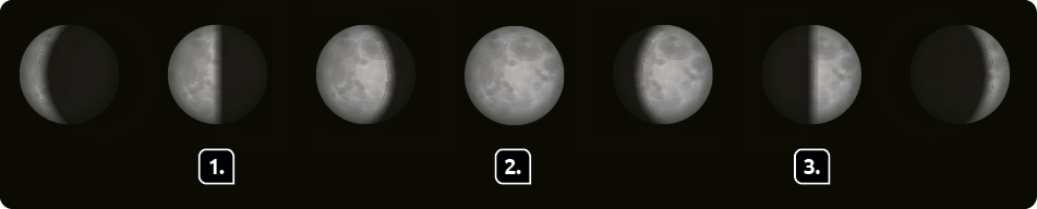Ilustração em sequência da aparência da Lua em diferentes momentos À esquerda, a Lua com a extremidade esquerda iluminada. À sua direita, indicada com o número 1, a Lua com a metade do lado esquerdo iluminada. À sua direita, a Lua com a extremidade direita não iluminada. À sua direita, indicada com o número 2, a Lua completamente iluminada. À sua direita, a Lua com a extremidade esquerda não iluminada. À sua direita, indicada com o número 3, a Lua com a metade direita iluminada. À sua direita, a Lua com a extremidade direita iluminada.