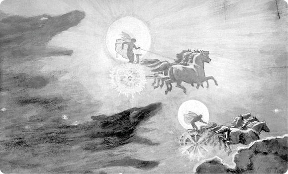 Ilustração em branco e preto. À esquerda, no céu, a silhueta da cabeça de dois lobos gigantes. Ainda no céu, ao fundo, dois círculos brancos, um grande e brilhante, e o outro menor. Ao lado de cada círculo há uma carruagem com cavalos e uma pessoa guiando.