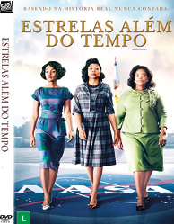 Capa do filme 'Estrelas além do tempo'. Na capa há três mulheres negras caminhando, uma ao lado da outra sobre a logo da NASA. Ao fundo a parte de um foguete decolando.
