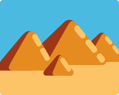 Ilustração de quatro pirâmides de tamanhos diferentes, com formato triangular. As pirâmides têm cor bege escuro e o chão bege claro.  