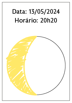 Ilustração de uma circunferência com a extremidade do lado esquerdo pintada em formato de C, na cor amarela. Acima, a informação: data: 13 de maio de 2024. Horário: 20 horas e 20 minutos.