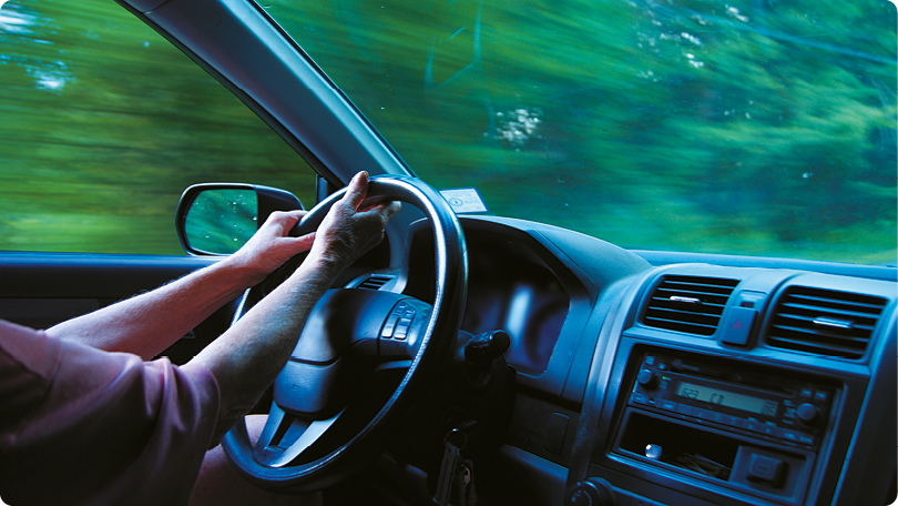 Fotografia do interior de um carro enquadrando as mãos de uma pessoa segurando o volante, o painel do veículo, um vidro lateral e o para-brisa. Pelos vidros é possível ver vegetação do lado de fora, que está desfocada com rastros horizontais.