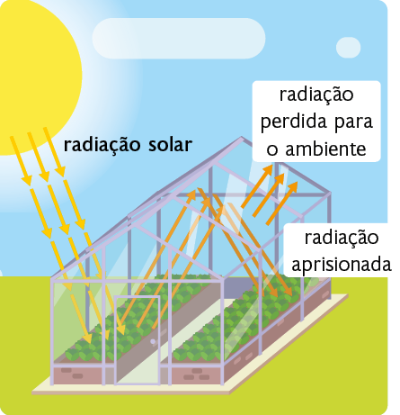 Ilustração de uma estufa de vidro, com formato de uma casa, e dentro, plantas nas duas laterais. No céu, à esquerda, o Sol. Dele partem setas, a radiação solar, em direção à estufa, chegando às plantas. Das plantas, partem setas em direção ao teto da estufa. Alguma setas são refletidas para baixo, representando a radiação aprisionada, enquanto outras atravessam o teto em direção ao céu, representando a radiação perdida para o ambiente. 