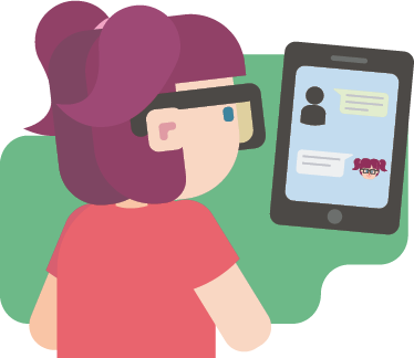 Ilustração. Uma menina, usando óculos, está representada da cintura para cima, olhando para um smartphone com a tela mostrando uma conversa entre ela e uma pessoa desconhecida.