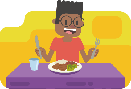 Ilustração. Um garoto sorridente segura um garfo e uma faca diante de uma mesa com um prato contendo pedaços de carne, arroz, feijão e salada, além de um copo ao lado.