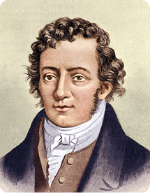 Ilustração do físico André-Marie Ampère. Ele está retratado dos ombros para cima, com cabelos escuros e cacheados. Ele veste um casaco azul com um colete marrom por dentro e um lenço branco em volta do pescoço.