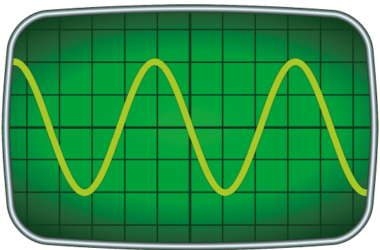 Ilustração de um visor verde com o fundo quadriculado e uma linha ondulada amarela.