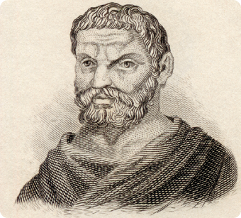 Gravura do filósofo Tales de Mileto. Ele está representado dos ombros para cima. Possui cabelo ondulado, barba e tecido envolto no corpo.