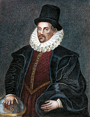 Gravura do físico e médico inglês William Gilbert, representado da cintura para cima. Ele usa um chapéu preto comprido, uma gola branca e volumosa que cobre todo o pescoço, uma roupa avermelhada com botões e um casaco escuro por cima. Na sua mão direita, segura uma miniatura de globo terrestre.