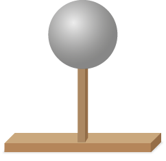 Ilustração. Uma esfera cinza na extremidade superior de uma haste vertical que está apoiada em uma base retangular.