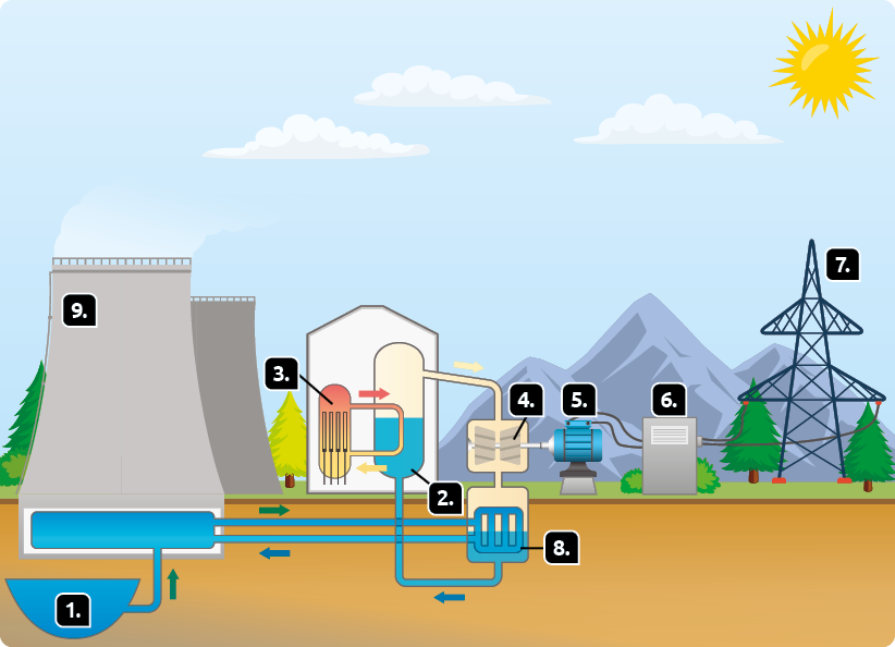 Esquema com ilustrações. Interior de uma usina termonuclear. Marcado com o número 1, na parte inferior, dentro da terra, um reservatório de água com formato semicircular. Há um cano com seta apontando para cima em direção a outro reservatório de água com formato retangular, com dois canos à direita. Há um cano superior com seta apontando para direita e outro inferior com seta apontando para a esquerda. O cano superior vai em direção ao número 8. Marcado com o número 8, há um condensador, estrutura quadrada no interior da terra. Essa estrutura possui canos verticais dispostos lado a lado, contendo água. Um dos canos retorna para o reservatório retangular. Na parte inferior dessa estrutura quadrada, há um cano com uma seta apontando para a esquerda, que se direciona para um reservatório cilíndrico localizado dentro de uma construção, indicado com o número 2. Indicado com o número 3, ao lado do reservatório cilíndrico, há um reator, estrutura comprida e arredondada com hastes verticais em seu interior. Essa estrutura apresenta uma coloração amarelada e avermelhada, e possui canos laterais que atravessam o reservatório cilíndrico. Há uma seta vermelha apontando para a direita e uma seta amarela apontando para a esquerda nessa estrutura. Do reservatório cilíndrico, parte um cano para o número 4, as turbinas, estrutura quadrada com engrenagens retangulares, ligado ao número 5, um gerador elétrico, estrutura cilíndrica com fios que se ligam ao número 6, um transformador, estrutura retangular com grade e fios ligados ao número 7, uma torre elétrica. Marcado com o número 9, uma torre cilíndrica liberando uma névoa branca. Ao fundo, há montanhas e árvores. O céu está azul, com nuvens brancas e o Sol.