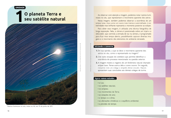 Páginas em miniatura do início da unidade 1 do livro, com o título 'O planeta Terra e seu satélite natural'. Páginas compostas por uma fotografia e textos inseridos em retângulos.