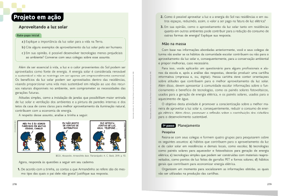 Páginas em miniatura da seção com o título 'Projeto em ação'. Páginas compostas por textos e uma tirinha com três quadrinhos.