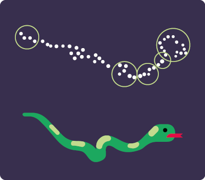 Ilustração de um fundo escuro com vários pontos brancos próximos uns dos outros, alinhados de forma a se parecer com uma linha curva. Na extremidade do lado direito os pontos se fecham, formando uma forma aproximadamente circular com uma quina. Há alguns círculos realçando a extremidade esquerda, a região curva e a extremidade circular com a quina. Abaixo, há a ilustração de uma serpente, com a cabeça do lado direito e a língua para fora.