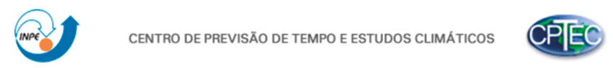 Logotipos do INPE e do C P TEC, com o seguinte texto escrito entre eles: Centro de previsão de tempo e estudos climáticos. O logotipo do INPE tem uma seta branca curva na parte de cima e uma seta azul curva na parte de baixo, com o texto 'INPE' escrito no meio. A seta branca aponta para uma esfera laranja. O logotipo do C P TEC tem uma ilustração do mapa-múndi ao fundo e a sigla 'C P T E C' na frente dele.