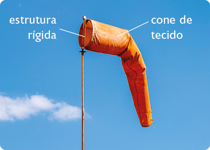 Fotografia. Uma estrutura rígida com uma haste vertical, indicada com estrutura rígida. Na parte posterior, há indicado um cone de tecido alaranjado caído, com uma abertura circular à esquerda e uma extremidade menor à direita. 