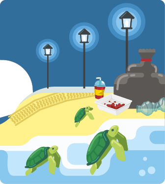 Ilustração de uma praia à noite, com duas tartarugas marinhas dentro do mar e uma na faixa de areia. Na beira da areia, do lado contrário ao mar, há postes de iluminação emitindo luz e as tartarugas estão se movimentando em direção a eles. Na faixa de areia há um rastro de pneu, um saco de lixo e diversos materiais descartáveis próximo ao saco.
