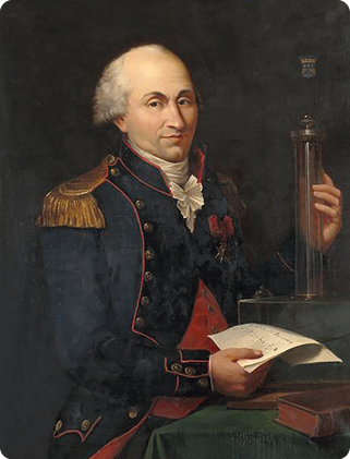 Pintura do cientista Charles Augustin de Coulomb, representando da cintura para cima, segurando uma folha de papel em uma das mãos e um tubo transparente na outra. Ele tem cabelos brancos curtos e está vestindo um casaco escuro com ombreiras amarelas, botões e uma gola branca.